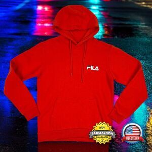 FILA Men's XS Red Fleece Lined Pullover Hoodie, Drawstring Hood, Kangaroo Pocket